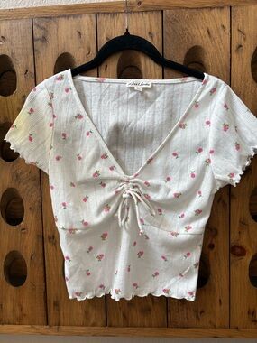 For Love & Lemons White Knit Crop Top with Pink Floral Print